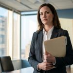 Une avocate en costume gris tenant un dossier juridique dans un cabinet d'avocats avec une vue sur la ville.