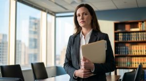 Une avocate en costume gris tenant un dossier juridique dans un cabinet d'avocats avec une vue sur la ville.