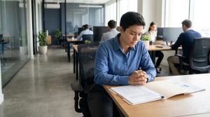 Une femme à son bureau, l'air préoccupé, les mains jointes sur des documents, dans un espace de travail ouvert.