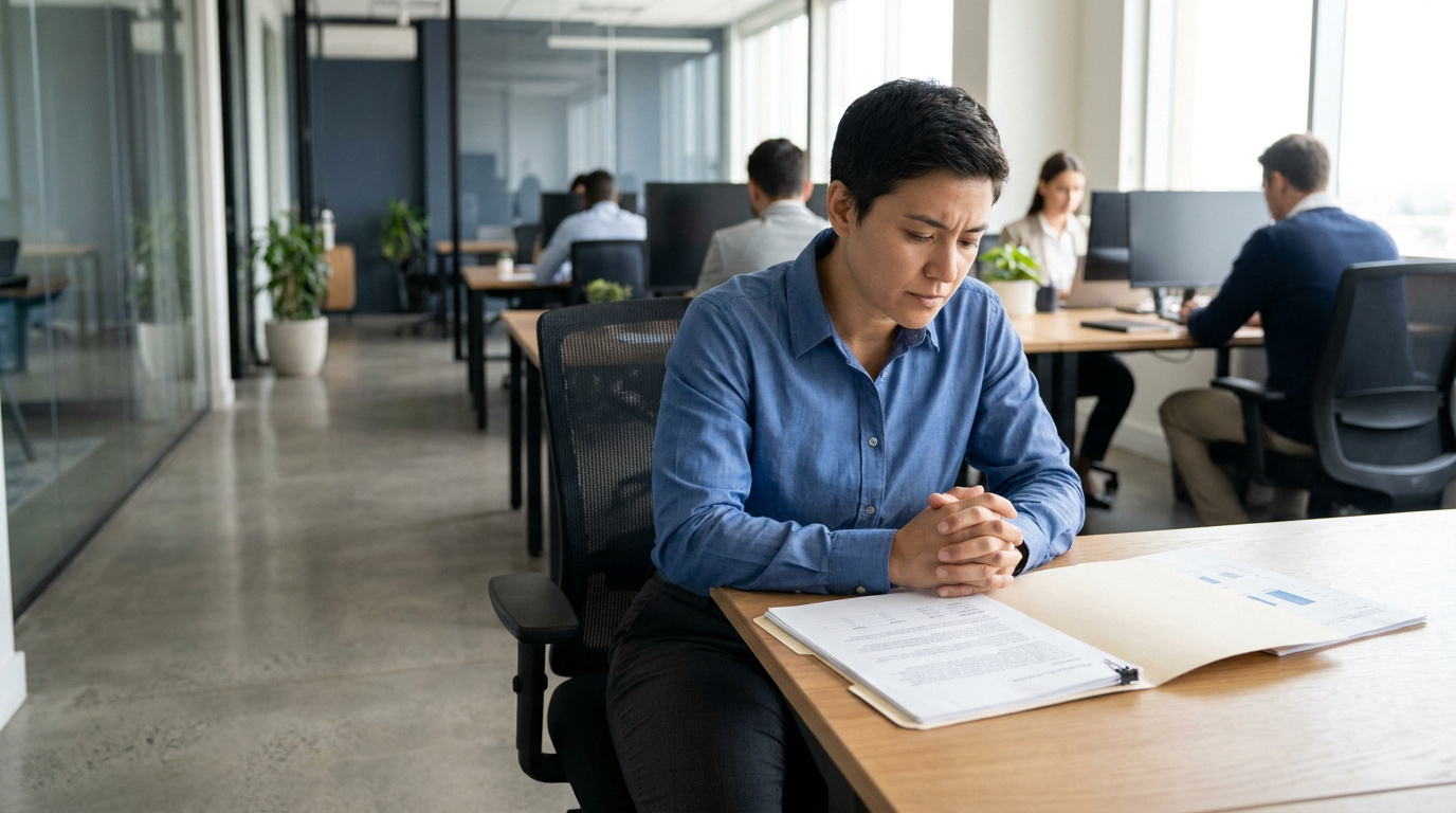 Une femme à son bureau, l'air préoccupé, les mains jointes sur des documents, dans un espace de travail ouvert.