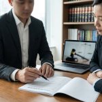 Avocat en costume discutant d'un document avec une cliente dans un cabinet juridique avec une bibliothèque en arrière-plan.