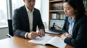 Avocat en costume discutant d'un document avec une cliente dans un cabinet juridique avec une bibliothèque en arrière-plan.
