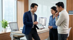 Un inspecteur du travail montre des graphiques sur une tablette à deux collègues dans un bureau professionnel moderne.
