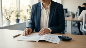 Professionnelle en blazer bleu consultant des documents financiers et une calculatrice sur un bureau de bureau lumineux.
