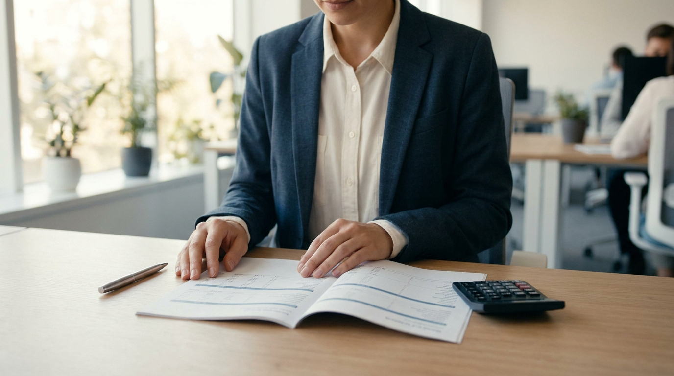Professionnelle en blazer bleu consultant des documents financiers et une calculatrice sur un bureau de bureau lumineux.